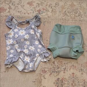 Gray Floral Ruffle Swimsuit with Green Diaper Cover